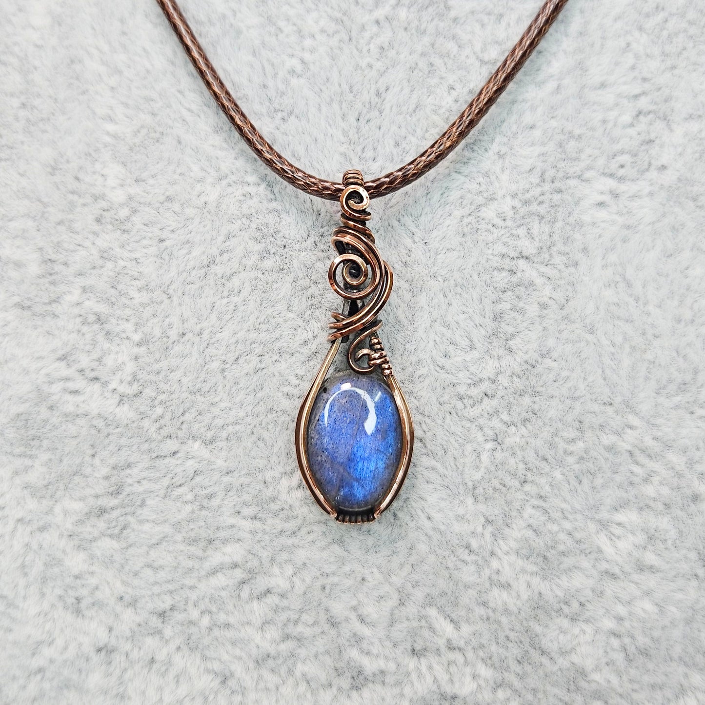 Blue Labradorite in Oxidised Copper Handmade Wire-Wrap Pendant