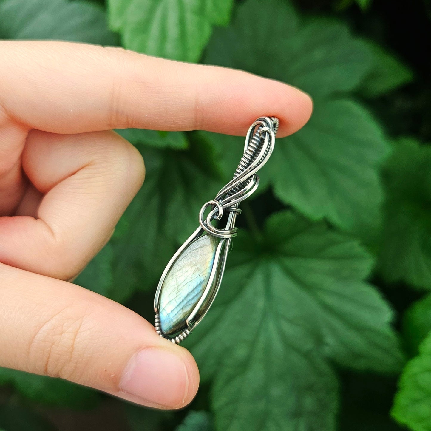 Silver Labradorite in Oxidised 925 Solid Sterling Silver Handmade Wire-Wrap Pendant