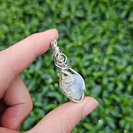 Moonstone in 925 Solid Sterling Silver Handmade Wire-Wrap Pendant (With Choker)