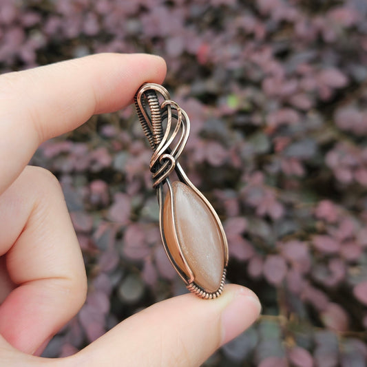 Peach Moonstone in Oxidised Copper Handmade Wire-Wrap Pendant