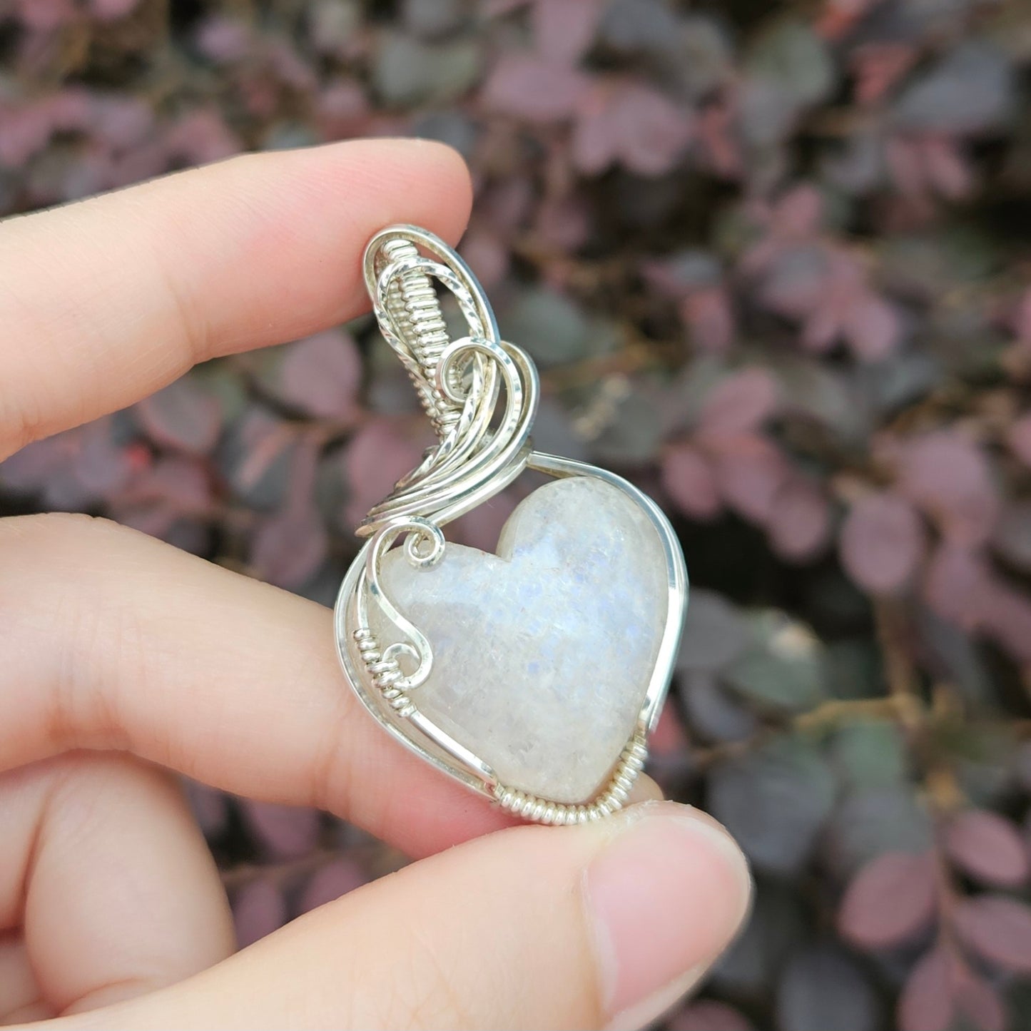 Belomorite Heart in 925 Solid Sterling Silver Handmade Wire-Wrap Pendant