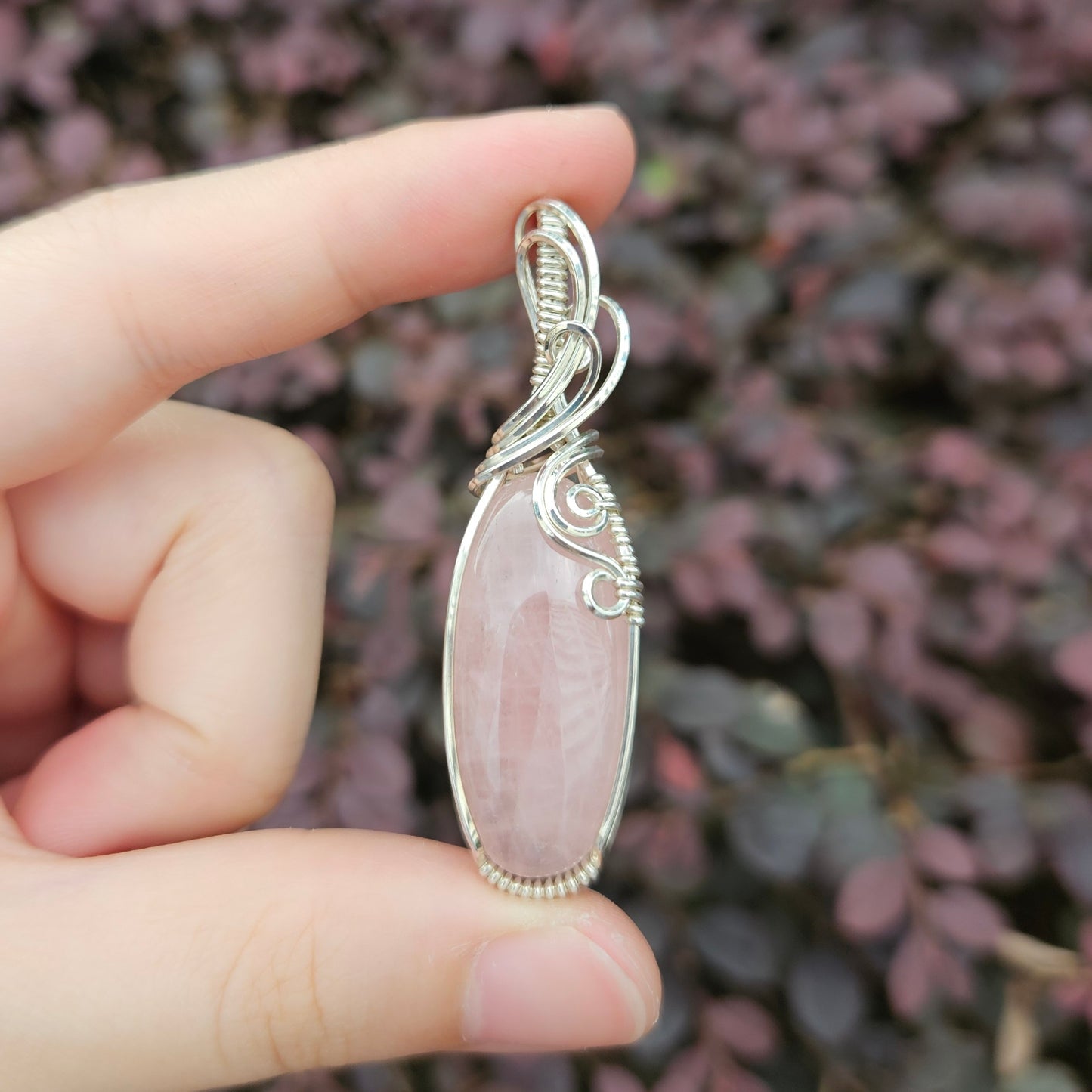 Rose Quartz in 925 Solid Sterling Silver Handmade Wire-Wrap Pendant