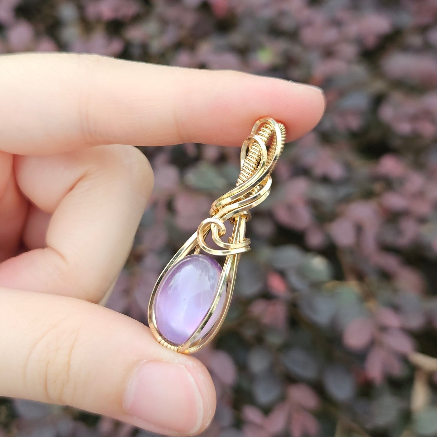 Mother Of Pearl Fluorite Doublet in 14K Gold Fill Handmade Wire-Wrap Pendant
