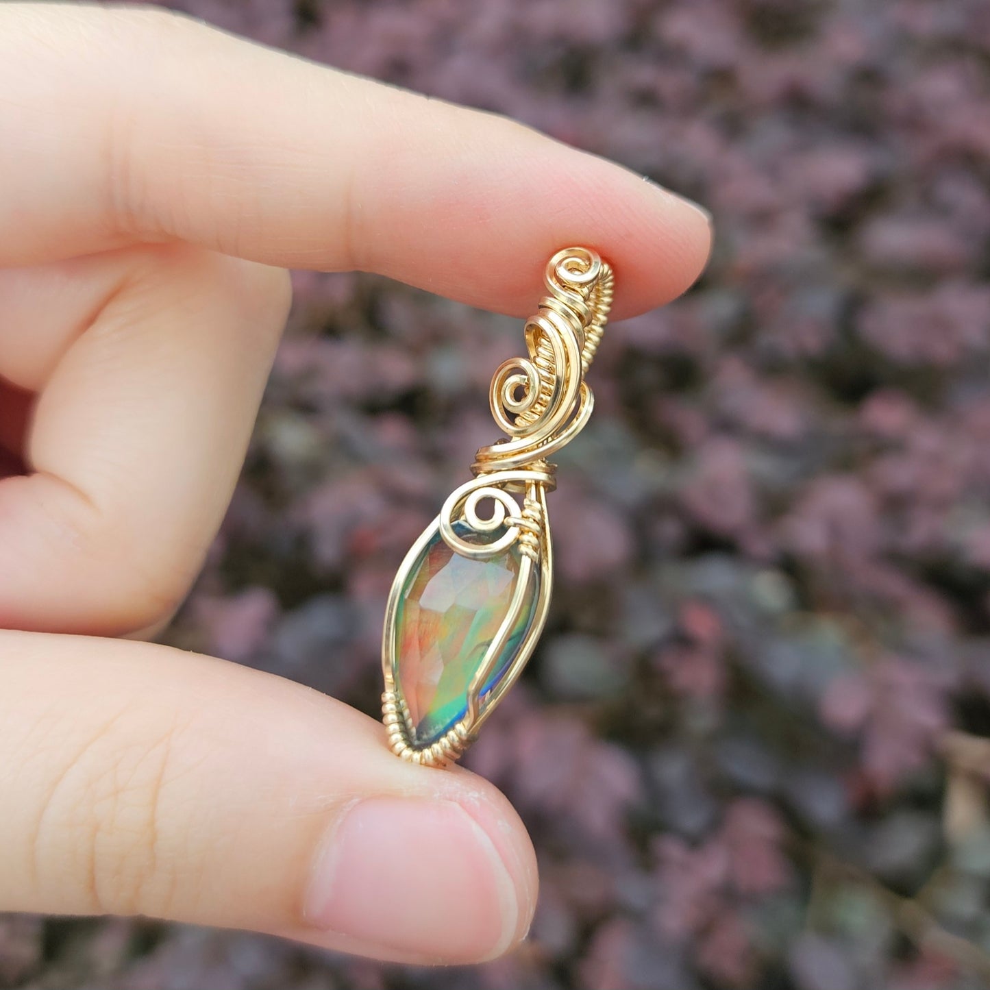 Black Aurora Opal in 14K Gold Fill Handmade Wire-Wrap Pendant