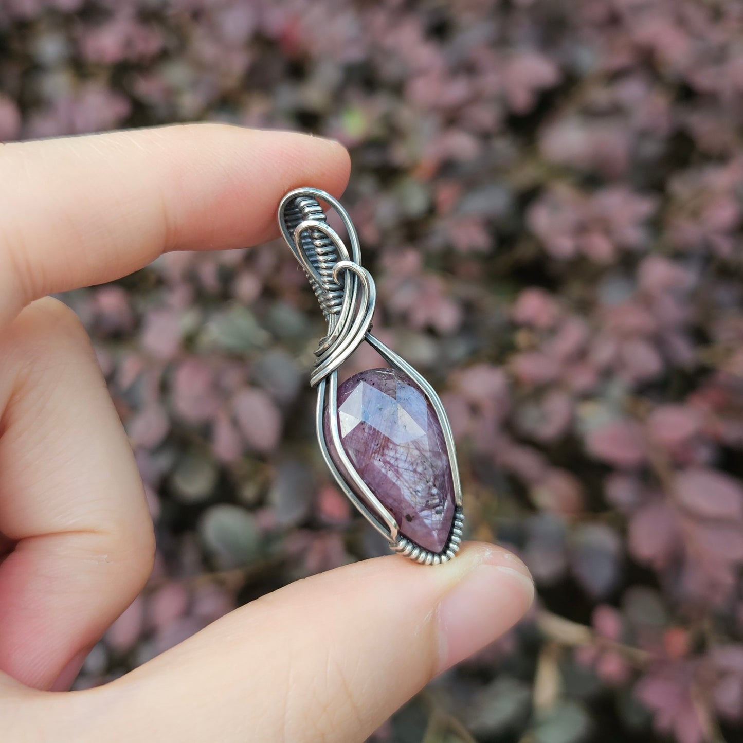 Ruby in Oxidised 925 Solid Sterling Silver Handmade Wire-Wrap Pendant