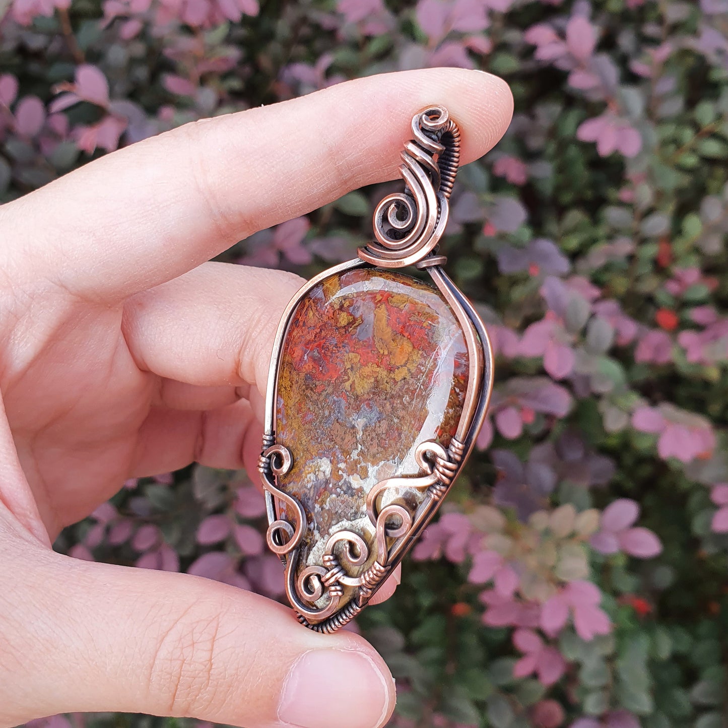 Seam Agate in Oxidised Copper Handmade Wire-Wrap Pendant