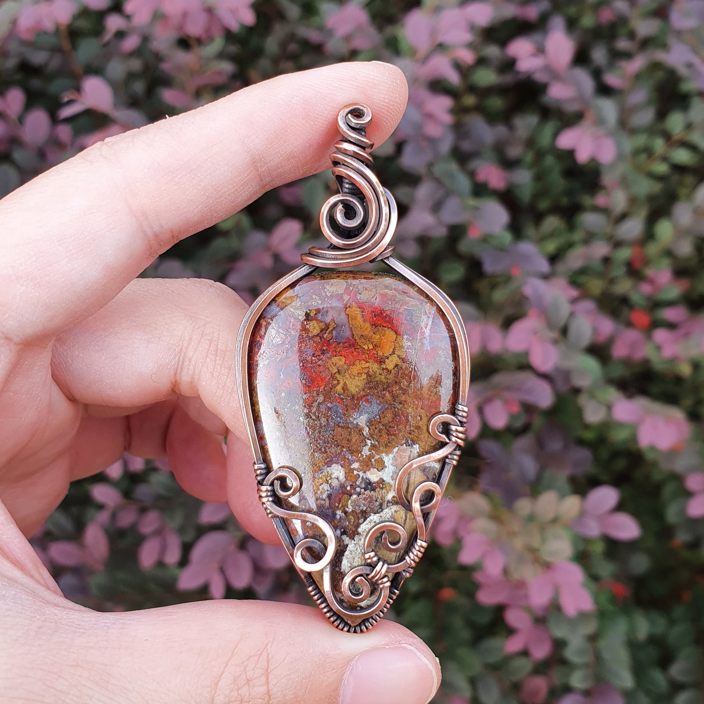 Seam Agate in Oxidised Copper Handmade Wire-Wrap Pendant