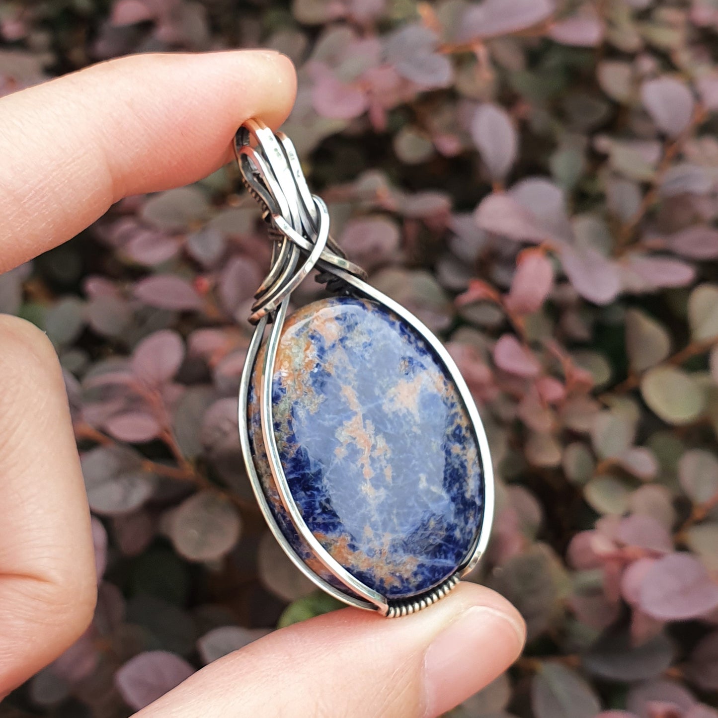 Sodalite in Oxidised 925 Solid Sterling Silver Handmade Wire-Wrap Pendant