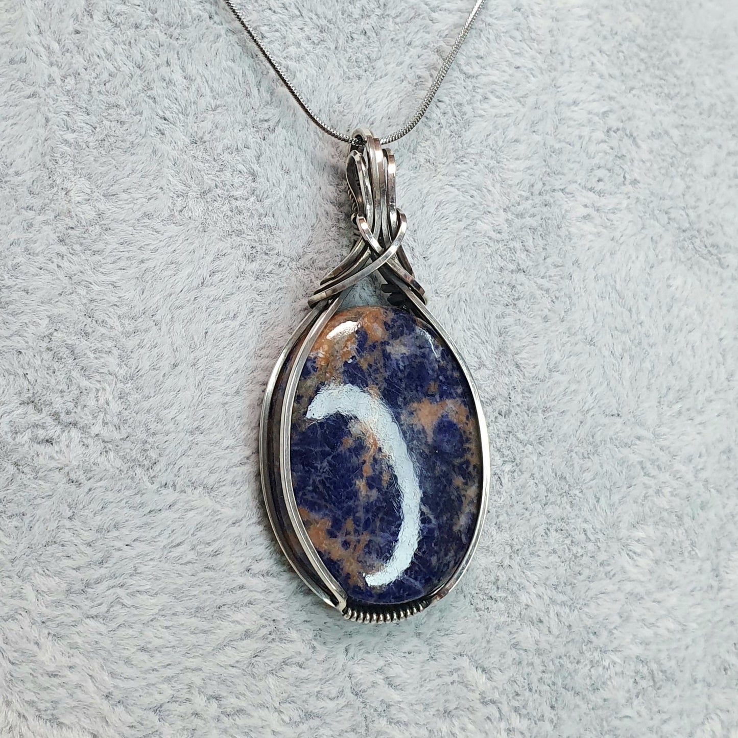 Sodalite in Oxidised 925 Solid Sterling Silver Handmade Wire-Wrap Pendant