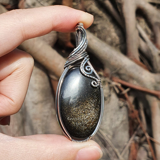 Gold Obsidian in Oxidised 925 Solid Sterling Silver Handmade Wire-Wrap Pendant