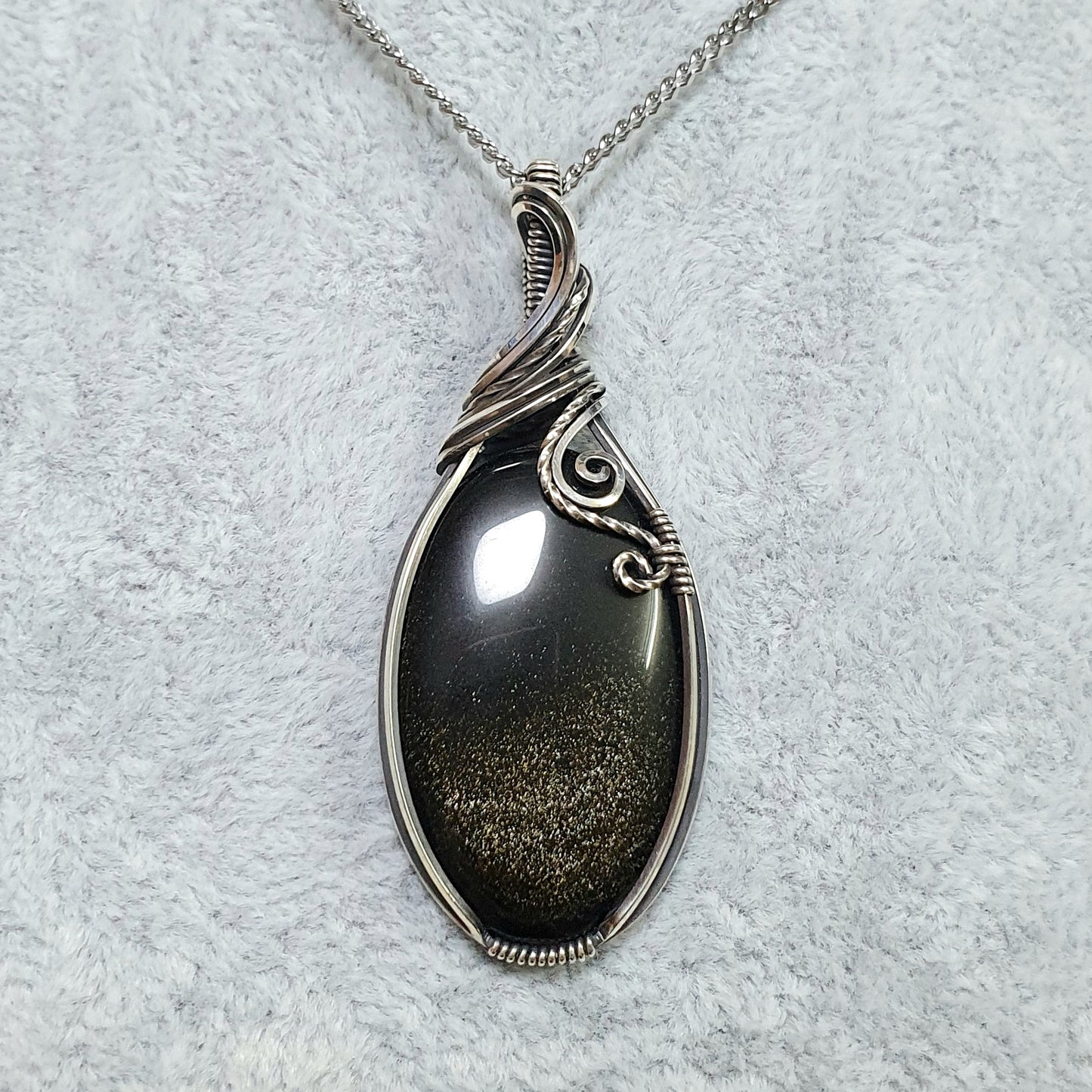 Gold Obsidian in Oxidised 925 Solid Sterling Silver Handmade Wire-Wrap Pendant