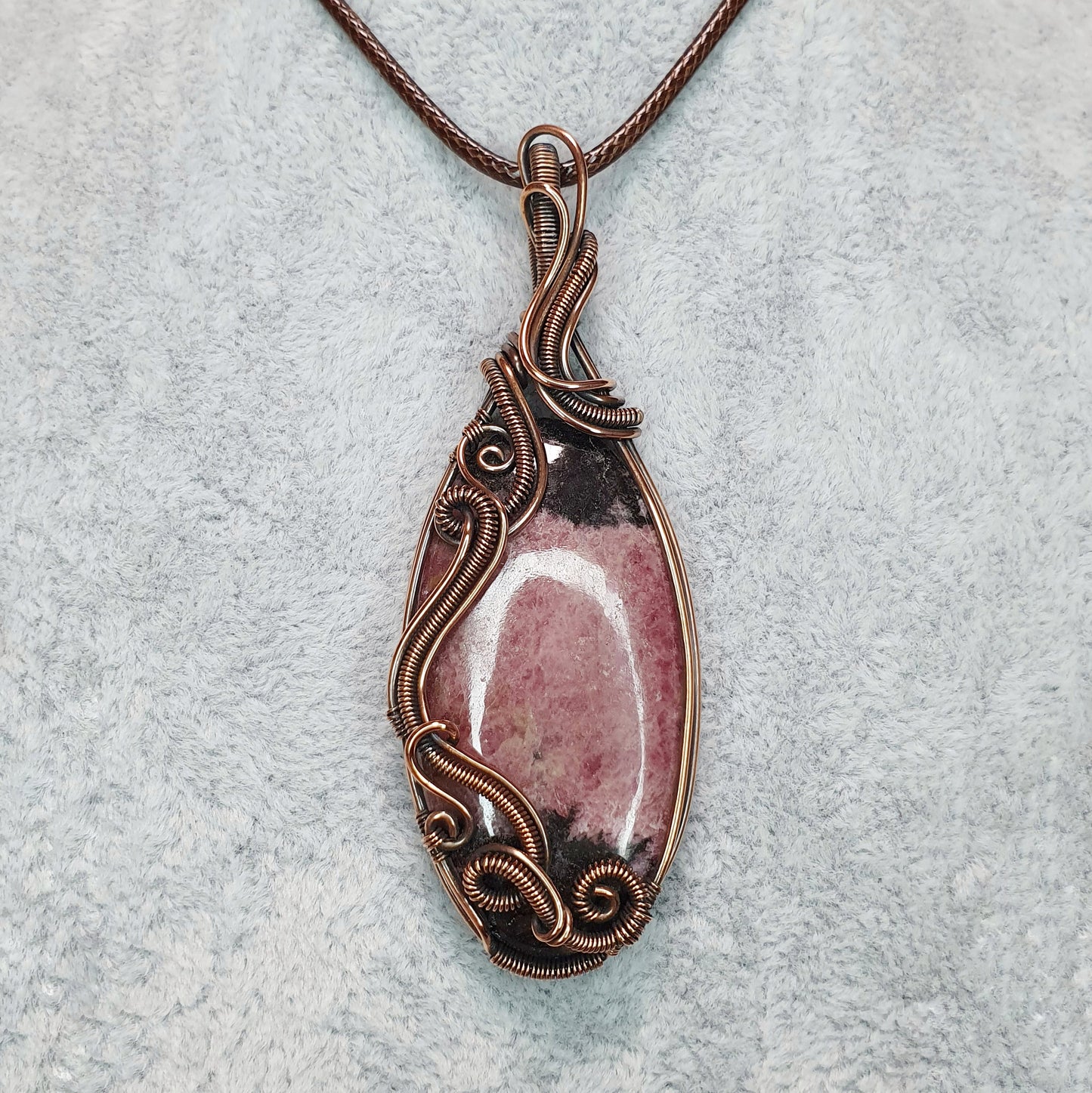 Rhodonite in Oxidised Copper Handmade Wire-Wrap Pendant