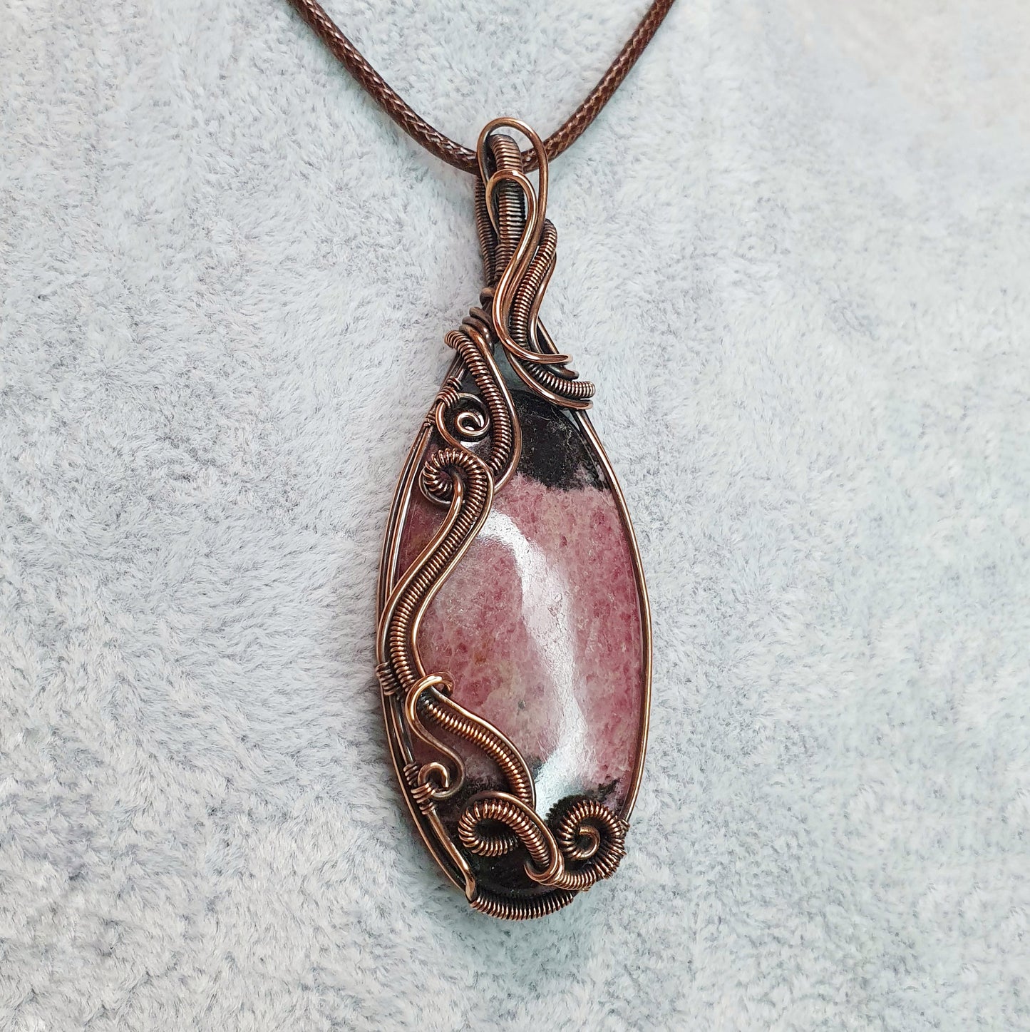 Rhodonite in Oxidised Copper Handmade Wire-Wrap Pendant