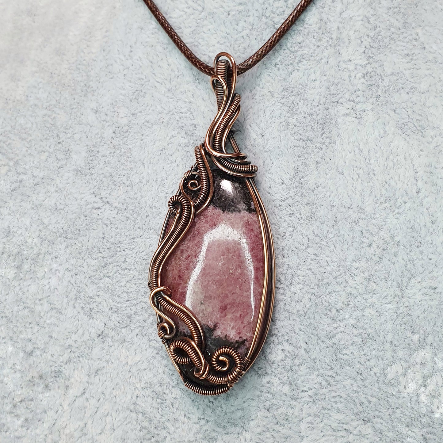 Rhodonite in Oxidised Copper Handmade Wire-Wrap Pendant