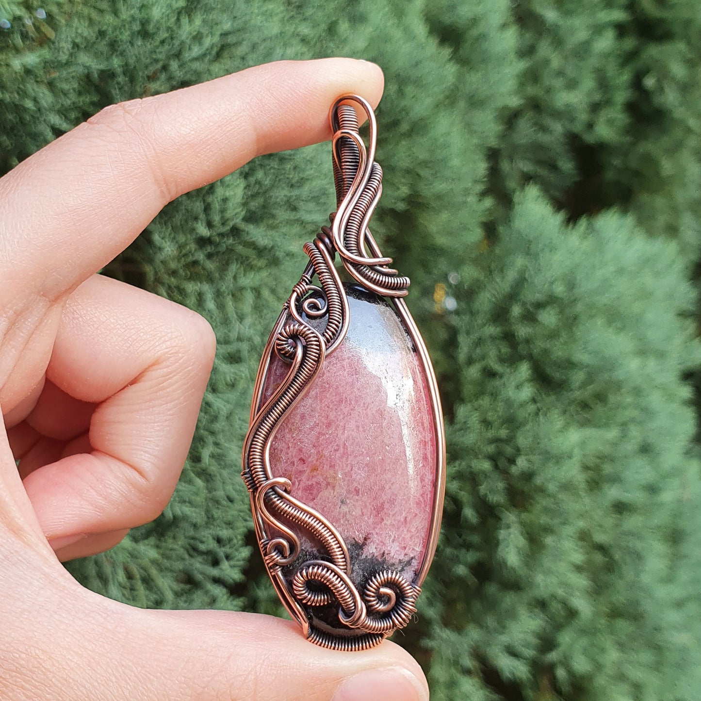 Rhodonite in Oxidised Copper Handmade Wire-Wrap Pendant