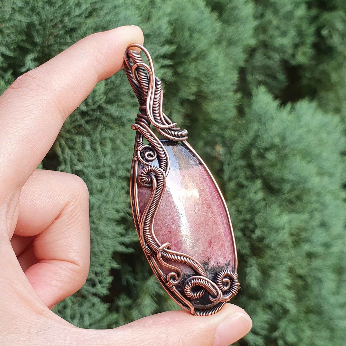 Rhodonite in Oxidised Copper Handmade Wire-Wrap Pendant