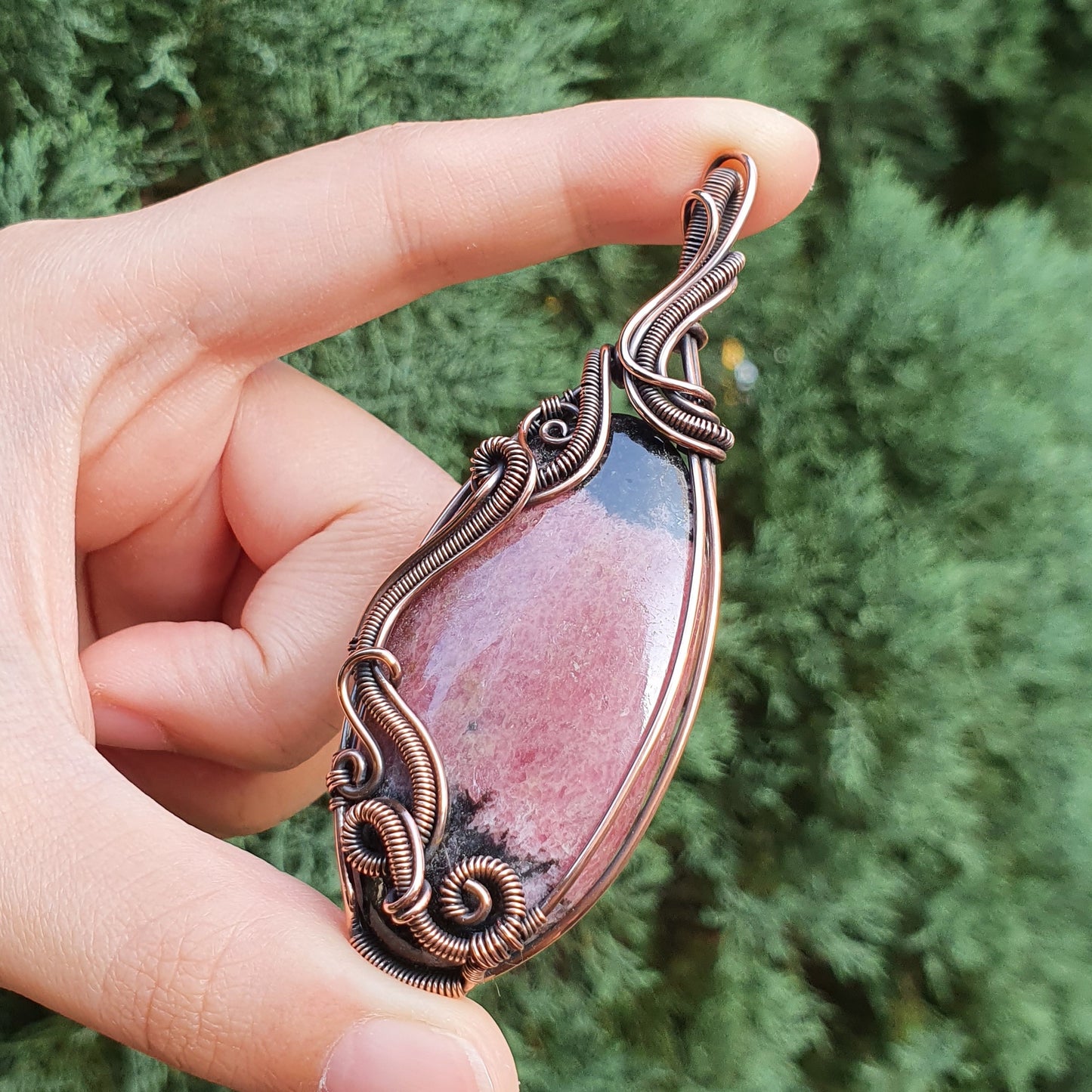 Rhodonite in Oxidised Copper Handmade Wire-Wrap Pendant