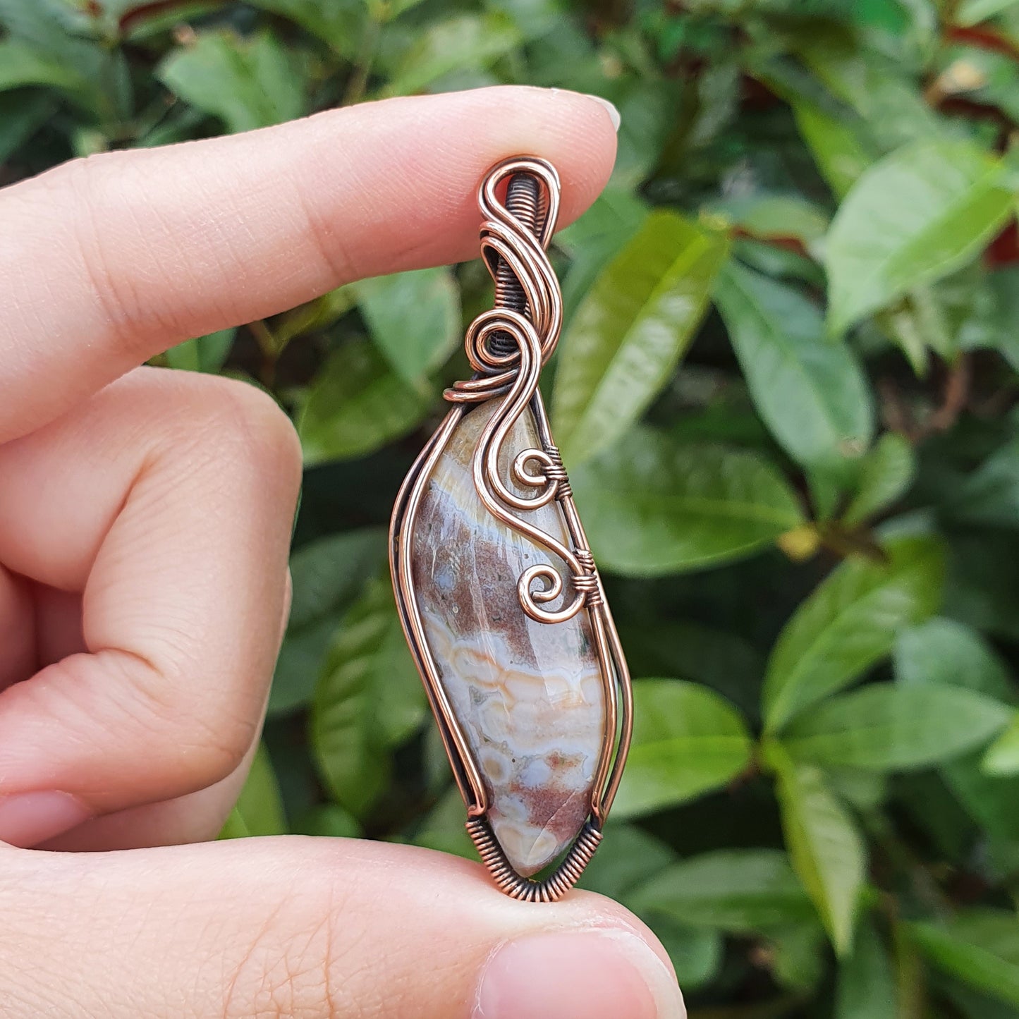 Ocean Jasper in Oxidised Copper Handmade Wire-Wrap Pendant