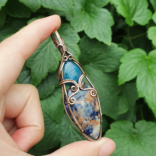 Blue Apatite & Sodalite in Oxidised Copper Handmade Wire-Wrap Pendant